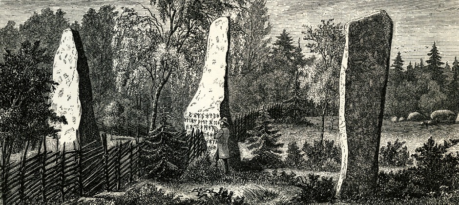 Björketorps­stenen, träsnitt av Evald Hansen i Sveriges hednatid av Oscar Montelius (1877).