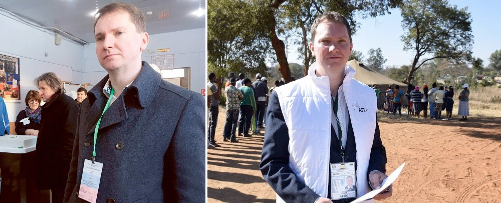 Vávra Suk, Editor in Chief, as elections observer in Moscow, March 2018, (left) and in Zimbabwe, August 2018 (right). Photo: Nya Tider
