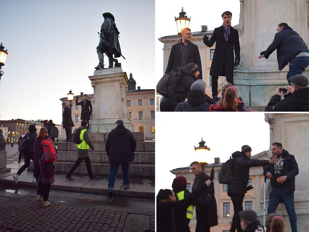 Vänstern och islamisterna fick mothugg av en ung man som ställde sig vid Gustav II Adolfs staty och sade bland annat att ’Sverige är kristet och fritt’ och ’Sverige är inte till för dem som hatar Sverige’. Foto: Nya Tider 