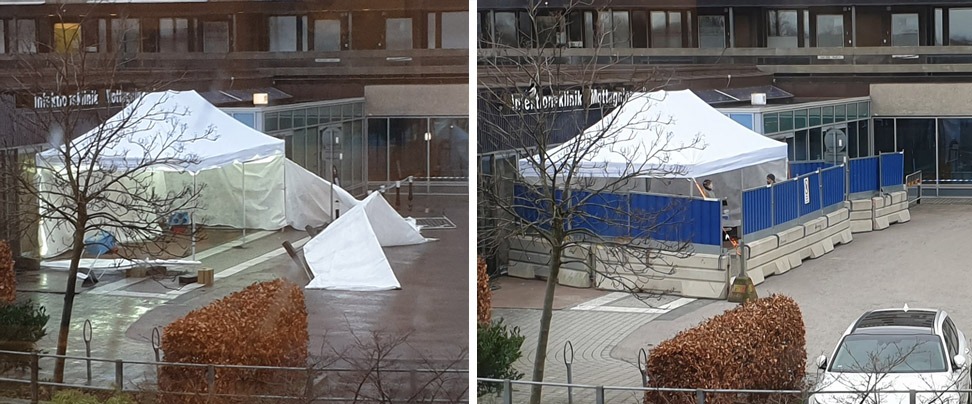 Tältet, som blåst sönder under natten, återuppbyggdes inför statsministerns besök. Foto: Privat